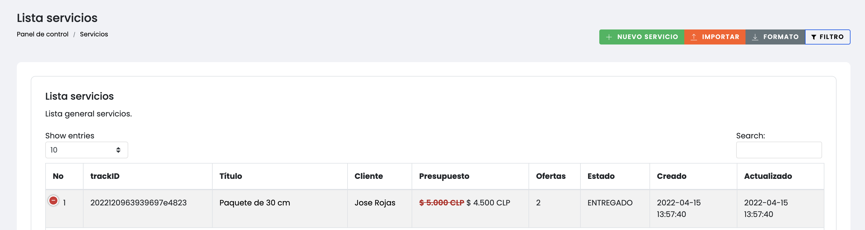 Lista de servicios